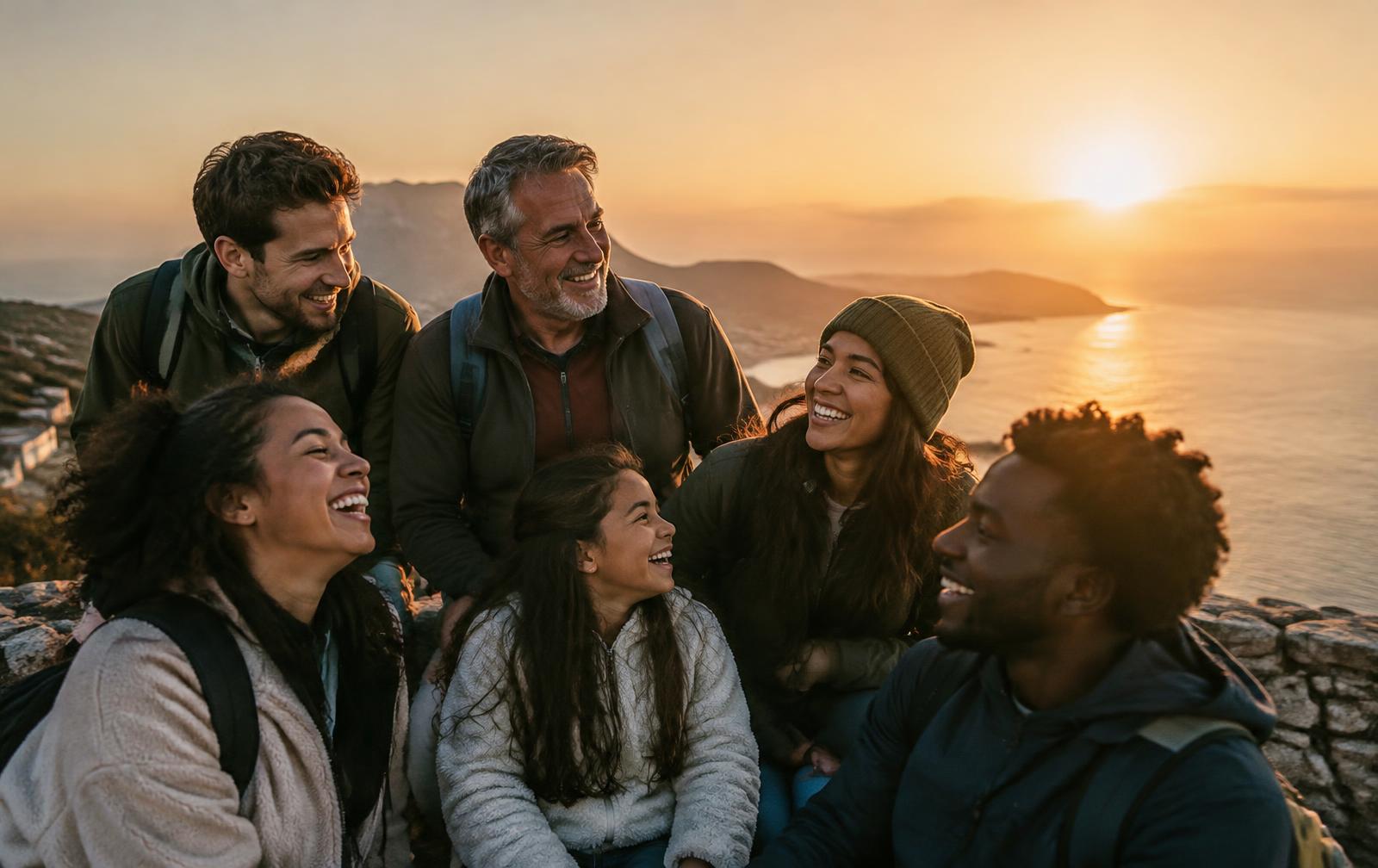 Grupo de amigos e familiares sorrindo juntos em um mirante ao pôr do sol